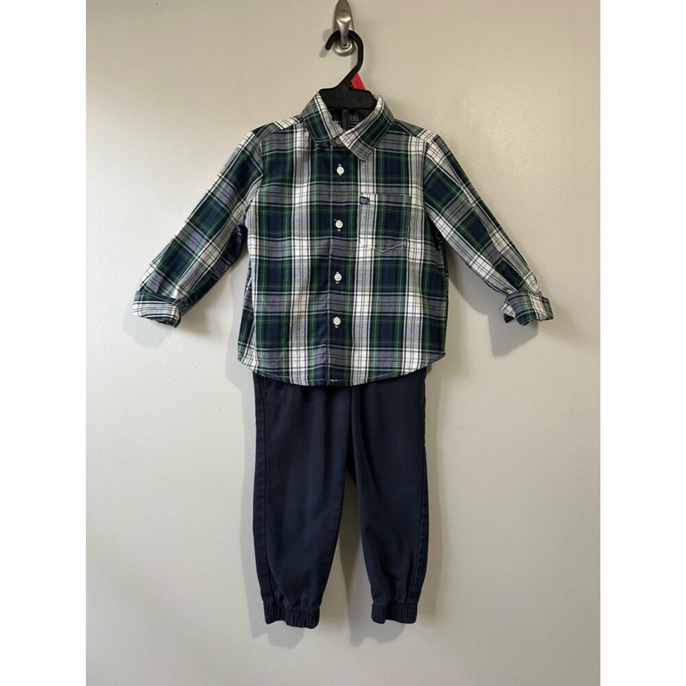 Chaps Toddler Boys Plaid Button-Up Outfit Navy Joggers Size 2T Dressy Fall